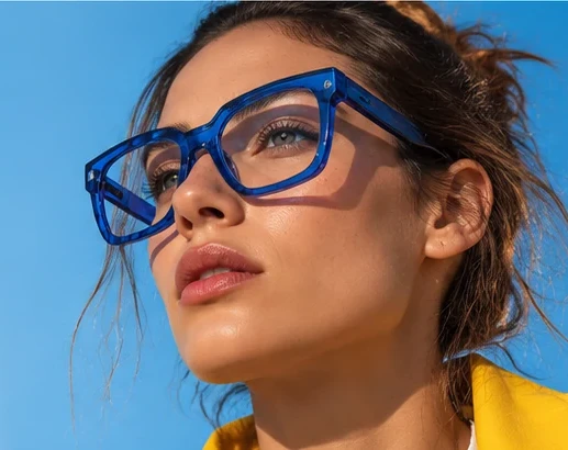 Fotografía editorial ilustrativa de una modelo con montura azul